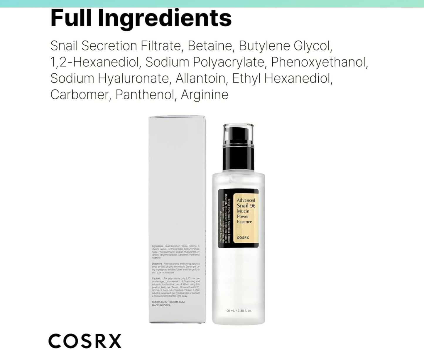 COSRX Advanced Snail 96 Mucin Power Essence 100ml | Korean Skincare Hydrating Serum for Repair & Glow