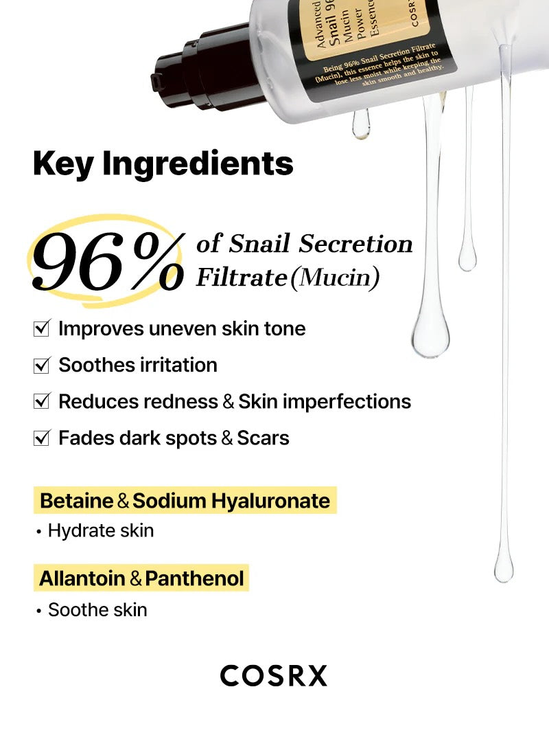 COSRX Advanced Snail 96 Mucin Power Essence 100ml | Korean Skincare Hydrating Serum for Repair & Glow