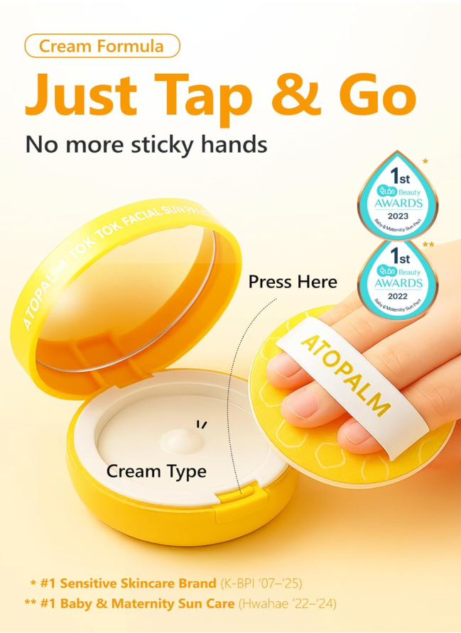 ATOPALM Tok Tok Facial Sun Pact | Korean Sunscreen Cushion SPF43 PA+++ | Moisturizing Sun Cream for Dry & Sensitive Skin | Mineral Compact SPF | K-Beauty Skincare 15g